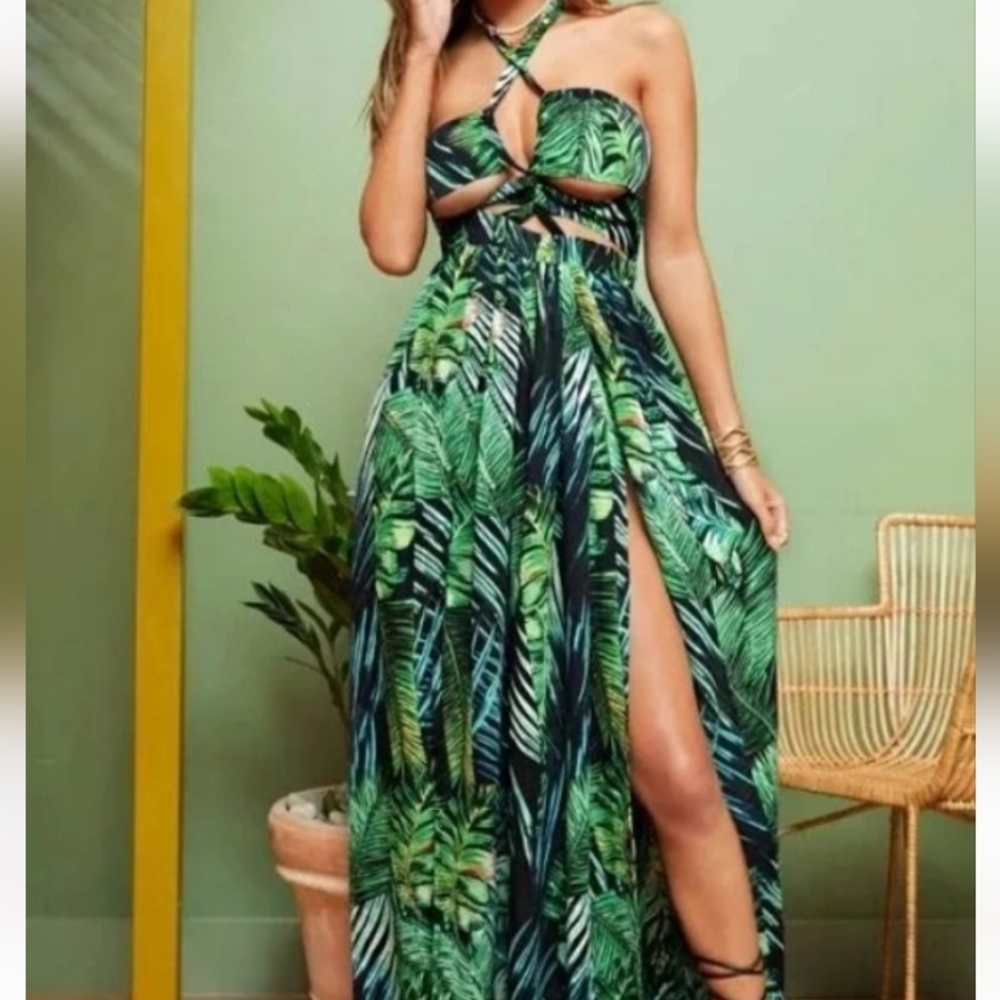 Green Leaf Print Maxi Dress